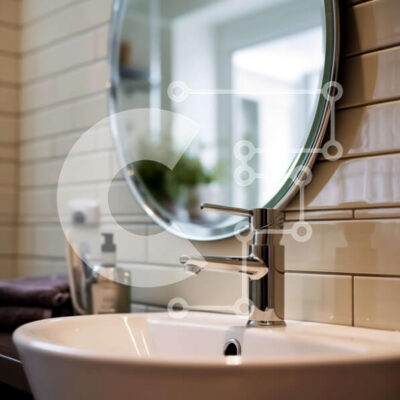 Intra Συλλεκτικό Ξύλινο Παζλ Plywood  4mm - Κομψό μοντέρνο μπάνιο με στρογγυλό καθρέφτη και λευκό πορσελάνινο νιπτήρα Σε Ξύλινο Κουτί - Διαστάσεις Puzzle: 10x10 cm – 25 κομμάτια - Image 1