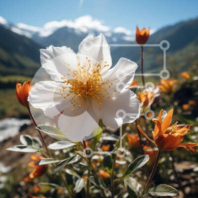 Intra Συλλεκτικό Ξύλινο Παζλ Plywood 4mm - Όμορφη εικόνα ενός λευκού λουλουδιού σε ένα χορταριασμένο χωράφι με φόντο το βουνό Σε Ξύλινο Κουτί - Διαστάσεις: 10x10 cm – 25 κομμάτια - Image 1