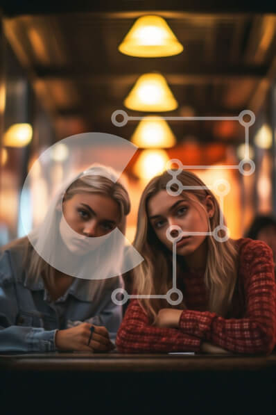 Intra Συλλεκτικό Ξύλινο Παζλ Plywood  4mm - Νεαρές γυναίκες που ελέγχουν τηλέφωνα σε εστιατόριο με αμυδρό φωτισμό Σε Ξύλινο Κουτί - Διαστάσεις Puzzle: 10x10 cm – 25 κομμάτια