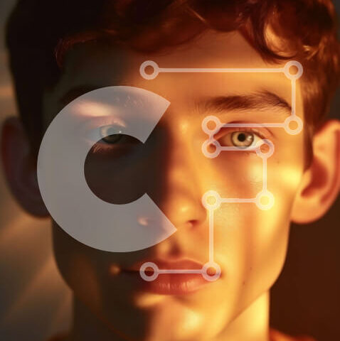 Intra Συλλεκτικό Ξύλινο Παζλ Plywood  4mm - Πορτρέτο ενός νεαρού άνδρα με φωτεινά μπλε μάτια και ένα πορτοκαλί πουκάμισο Σε Ξύλινο Κουτί - Διαστάσεις Puzzle: 10x10 cm – 25 κομμάτια - Image 1