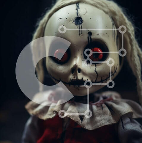 Intra Συλλεκτικό Ξύλινο Παζλ Plywood  4mm - Ανατριχιαστική κούκλα με μακριά μαλλιά και κόκκινα μάτια Σε Ξύλινο Κουτί - Διαστάσεις Puzzle: 10x10 cm – 25 κομμάτια - Image 1