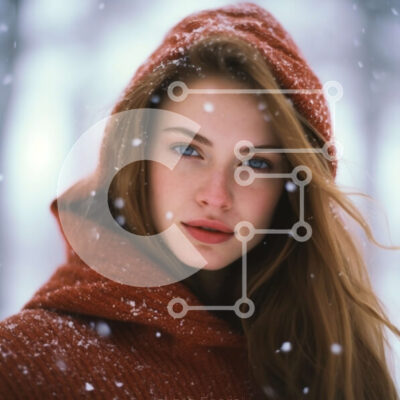 Intra Συλλεκτικό Ξύλινο Παζλ Plywood  4mm - Νεαρή γυναίκα με κόκκινα μαλλιά και κουκούλα που κοιτάζει την κάμερα στο χιόνι Σε Ξύλινο Κουτί - Διαστάσεις Puzzle: 10x10 cm – 25 κομμάτια - Image 1