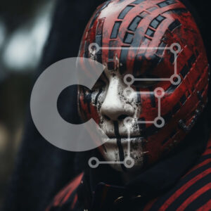 Intra Συλλεκτικό Ξύλινο Παζλ Plywood  4mm - Άτομο που φοράει κόκκινη και μαύρη μάσκα με άσπρες ρίγες Σε Ξύλινο Κουτί - Διαστάσεις Puzzle: 10x10 cm – 25 κομμάτια