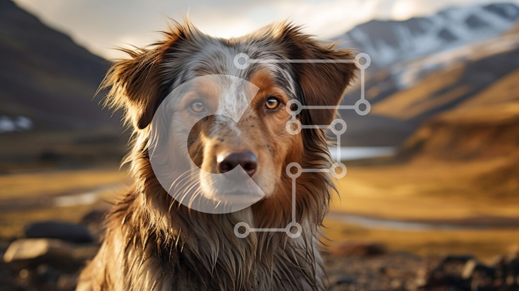 Intra Συλλεκτικό Ξύλινο Παζλ Plywood  4mm - Καφέ και λευκό σκυλί που στέκεται σε βραχώδες έδαφος με βουνά στο φόντο Σε Ξύλινο Κουτί - Διαστάσεις: 10x10 cm – 25 κομμάτια