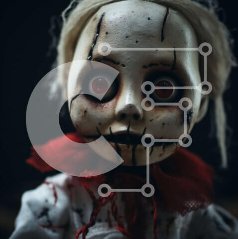 Intra Συλλεκτικό Ξύλινο Παζλ Plywood  4mm - Ανατριχιαστική κούκλα με μαύρα μάτια και κόκκινα μαλλιά Σε Ξύλινο Κουτί - Διαστάσεις Puzzle: 10x10 cm – 25 κομμάτια - Image 1