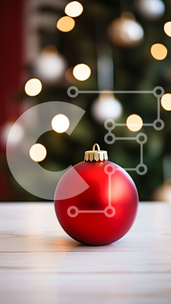 Intra Συλλεκτικό Ξύλινο Παζλ Plywood  4mm - Κόκκινη μπάλα σε ξύλινο τραπέζι με χριστουγεννιάτικο δέντρο στο φόντο Σε Ξύλινο Κουτί - Διαστάσεις Puzzle: 10x10 cm – 25 κομμάτια