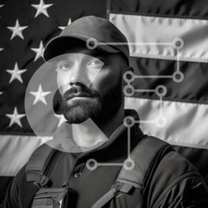 Intra Συλλεκτικό Ξύλινο Παζλ Plywood  4mm - Άνδρας με στρατιωτική στολή στέκεται περήφανος μπροστά από την αμερικανική σημαία Σε Ξύλινο Κουτί - Διαστάσεις Puzzle: 10x10 cm – 25 κομμάτια