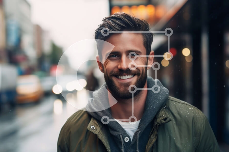 Intra Συλλεκτικό Ξύλινο Παζλ Plywood  4mm - Ευτυχισμένος άνδρας με πράσινο σακάκι που χαμογελά στον βροχερό δρόμο της πόλης Σε Ξύλινο Κουτί - Διαστάσεις Puzzle: 10x10 cm – 25 κομμάτια