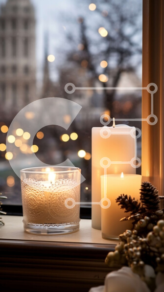 Intra Συλλεκτικό Ξύλινο Παζλ Plywood  4mm - Κεριά σε περβάζι παραθύρου με τον ορίζοντα της πόλης στο φόντο Σε Ξύλινο Κουτί - Διαστάσεις Puzzle: 10x10 cm – 25 κομμάτια