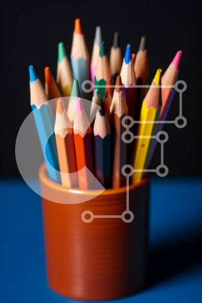 Intra Συλλεκτικό Ξύλινο Παζλ Plywood  4mm - Πολύχρωμα μολύβια σε ένα φλιτζάνι σε μπλε επιφάνεια - φωτογραφία αρχείου Σε Ξύλινο Κουτί - Διαστάσεις: 10x10 cm – 25 κομμάτια