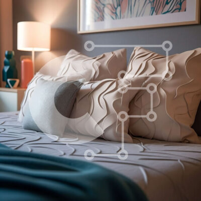 Intra Συλλεκτικό Ξύλινο Παζλ Plywood  4mm - Κομψό υπνοδωμάτιο με λευκά και μπλε μαξιλάρια και φωτιστικό στο κομοδίνο Σε Ξύλινο Κουτί - Διαστάσεις Puzzle: 10x10 cm – 25 κομμάτια - Image 1