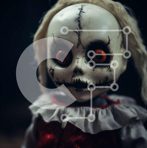 Intra Συλλεκτικό Ξύλινο Παζλ Plywood  4mm - Ανατριχιαστική κούκλα με κόκκινα μάτια σε σκούρο φόντο Σε Ξύλινο Κουτί - Διαστάσεις Puzzle: 10x10 cm – 25 κομμάτια - Image 1