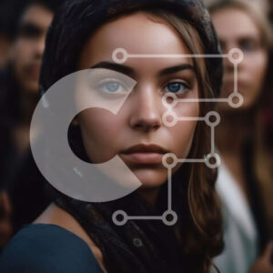 Intra Συλλεκτικό Ξύλινο Παζλ Plywood  4mm - Σίγουρη νεαρή γυναίκα που στέκεται μπροστά στο πλήθος με σοβαρή έκφραση Σε Ξύλινο Κουτί - Διαστάσεις Puzzle: 10x10 cm – 25 κομμάτια