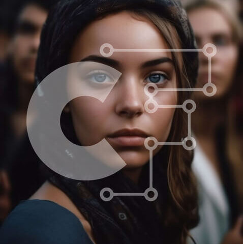 Intra Συλλεκτικό Ξύλινο Παζλ Plywood  4mm - Σίγουρη νεαρή γυναίκα που στέκεται μπροστά στο πλήθος με σοβαρή έκφραση Σε Ξύλινο Κουτί - Διαστάσεις Puzzle: 10x10 cm – 25 κομμάτια - Image 1