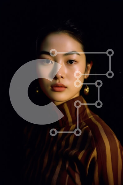 Intra Συλλεκτικό Ξύλινο Παζλ Plywood  4mm - Σοβαρή νεαρή Ασιάτισσα με ριγέ πουκάμισο και σκουλαρίκια κρίκου Σε Ξύλινο Κουτί - Διαστάσεις Puzzle: 10x10 cm – 25 κομμάτια