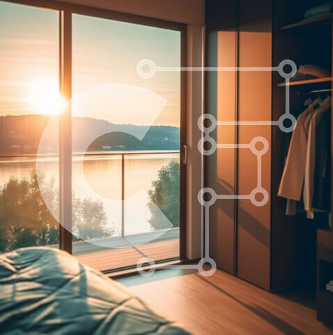 Intra Συλλεκτικό Ξύλινο Παζλ Plywood  4mm - Εκπληκτικό υπνοδωμάτιο με θέα στο νερό στο ηλιοβασίλεμα Σε Ξύλινο Κουτί - Διαστάσεις Puzzle: 10x10 cm – 25 κομμάτια - Image 1