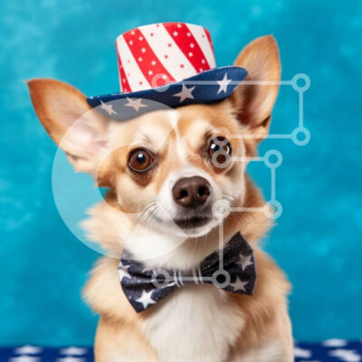 Intra Συλλεκτικό Ξύλινο Παζλ Plywood  4mm - Αξιολάτρευτη εικόνα μικρού σκύλου με πατριωτική στολή με καπέλο αμερικανικής σημαίας και παπιγιόν Σε Ξύλινο Κουτί - Διαστάσεις: 10x10 cm – 25 κομμάτια - Image 1