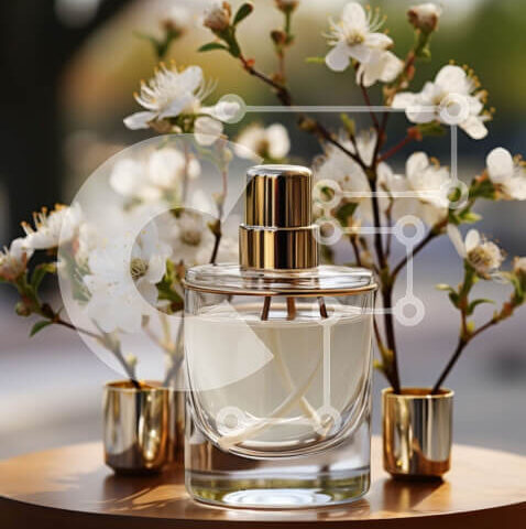 Intra Συλλεκτικό Ξύλινο Παζλ Plywood  4mm - Κομψό μπουκάλι αρώματος με ετικέτα με άνθη κερασιάς σε ξύλινο δίσκο Σε Ξύλινο Κουτί - Διαστάσεις Puzzle: 10x10 cm – 25 κομμάτια - Image 1