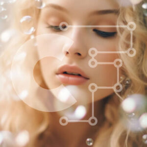 Intra Συλλεκτικό Ξύλινο Παζλ Plywood  4mm - Πανέμορφη γυναίκα με μακριά σγουρά μαλλιά και μπλε μάτια που περιβάλλεται από φυσαλίδες Σε Ξύλινο Κουτί - Διαστάσεις Puzzle: 10x10 cm – 25 κομμάτια