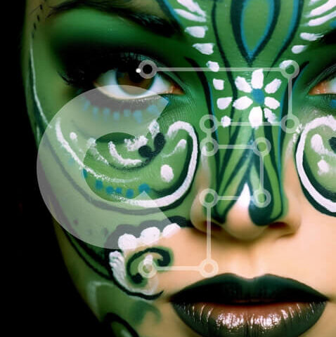 Intra Συλλεκτικό Ξύλινο Παζλ Plywood 4mm - Εκπληκτική φωτογραφία γυναίκας με βαμμένο πράσινο πρόσωπο και περίπλοκη τέχνη του δέρματος Σε Ξύλινο Κουτί - Διαστάσεις Puzzle: 10x10 cm – 25 κομμάτια - Image 1