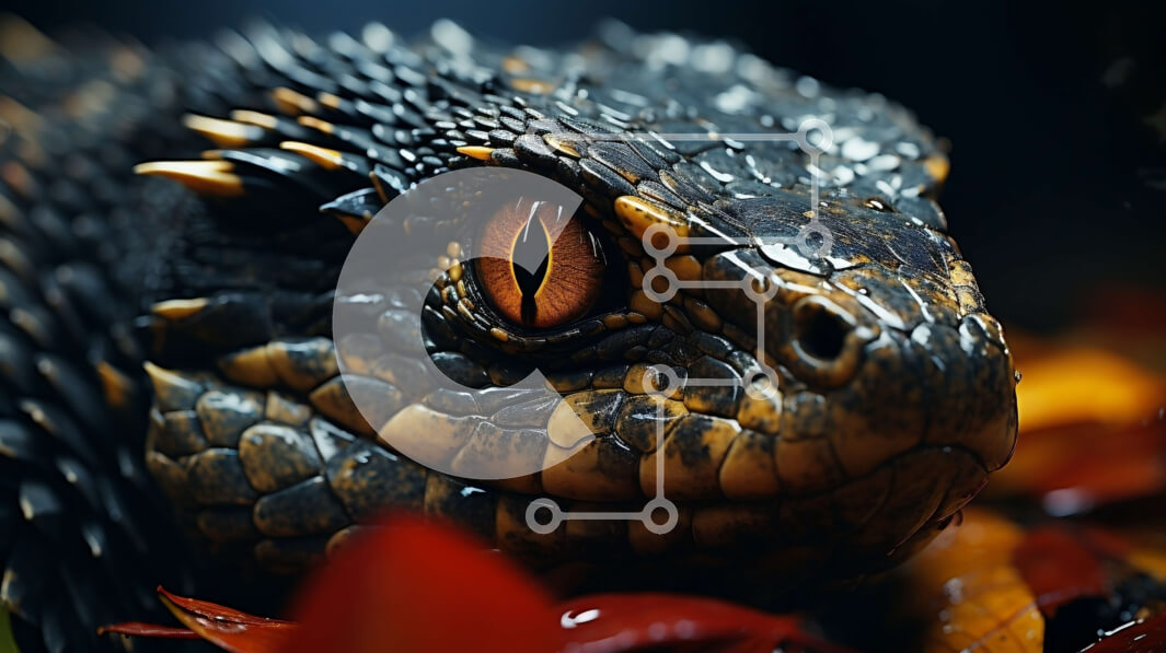 Intra Συλλεκτικό Ξύλινο Παζλ Plywood  4mm - Κοντινή εικόνα ενός σκουρόχρωμου ερπετού με κίτρινα μάτια και αιχμηρά δόντια Σε Ξύλινο Κουτί - Διαστάσεις: 10x10 cm – 25 κομμάτια