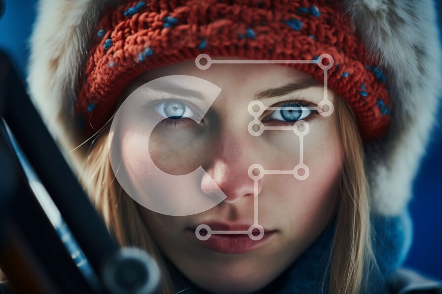 Intra Συλλεκτικό Ξύλινο Παζλ Plywood  4mm - Πορτρέτο νεαρής γυναίκας με μπλε μάτια και κόκκινα χειμερινά αξεσουάρ Σε Ξύλινο Κουτί - Διαστάσεις Puzzle: 10x10 cm – 25 κομμάτια