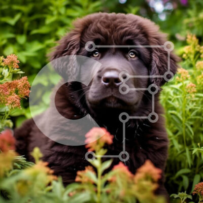 Intra Συλλεκτικό Ξύλινο Παζλ Plywood  4mm - Αξιολάτρευτη εικόνα του μαύρου κουταβιού της Νέας Γης στον κήπο των λουλουδιών Σε Ξύλινο Κουτί - Διαστάσεις: 10x10 cm – 25 κομμάτια - Image 1