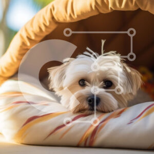 Intra Συλλεκτικό Ξύλινο Παζλ Plywood  4mm - Αξιολάτρευτη εικόνα ενός λευκού σκύλου σε ένα άνετο κρεβάτι Σε Ξύλινο Κουτί - Διαστάσεις: 10x10 cm – 25 κομμάτια