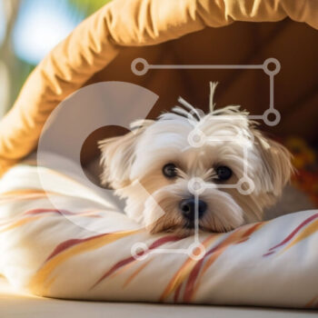 Intra Συλλεκτικό Ξύλινο Παζλ Plywood  4mm - Αξιολάτρευτη εικόνα ενός λευκού σκύλου σε ένα άνετο κρεβάτι Σε Ξύλινο Κουτί - Διαστάσεις: 10x10 cm – 25 κομμάτια - Image 1