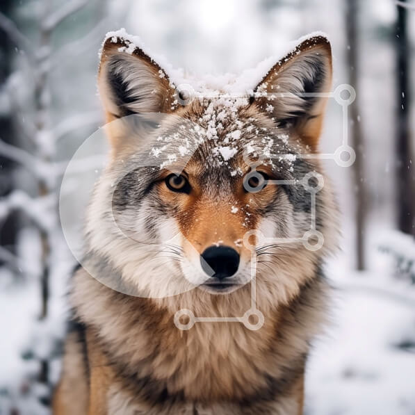 Intra Συλλεκτικό Ξύλινο Παζλ Plywood  4mm - Κοντινό πλάνο του προσώπου ενός κογιότ σε ένα χιονισμένο δάσος Σε Ξύλινο Κουτί - Διαστάσεις: 10x10 cm – 25 κομμάτια