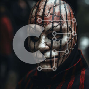 Intra Συλλεκτικό Ξύλινο Παζλ Plywood  4mm - Άτομο που φορά κόκκινη και μαύρη ριγέ μάσκα Σε Ξύλινο Κουτί - Διαστάσεις Puzzle: 10x10 cm – 25 κομμάτια