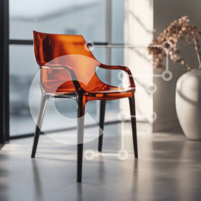 Intra Συλλεκτικό Ξύλινο Παζλ Plywood  4mm - Μοντέρνα πορτοκαλί καρέκλα με θέα στον ορίζοντα της πόλης Σε Ξύλινο Κουτί - Διαστάσεις Puzzle: 10x10 cm – 25 κομμάτια - Image 1