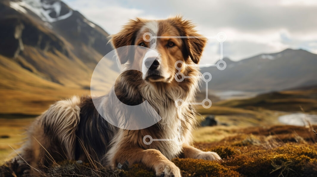 Intra Συλλεκτικό Ξύλινο Παζλ Plywood  4mm - Καφέ και λευκό σκυλί σε έναν χορταριασμένο λόφο με βουνά και σύννεφα Σε Ξύλινο Κουτί - Διαστάσεις: 10x10 cm – 25 κομμάτια