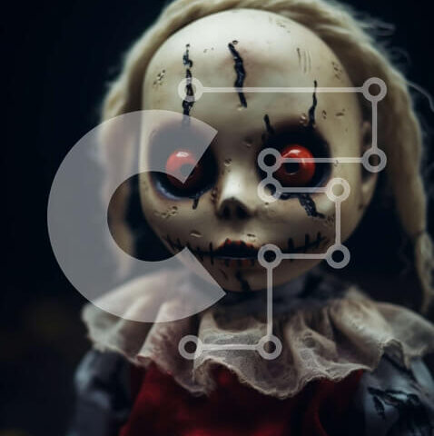 Intra Συλλεκτικό Ξύλινο Παζλ Plywood  4mm - Ανατριχιαστική κούκλα με κόκκινα μάτια - Vintage ή αντίκα Σε Ξύλινο Κουτί - Διαστάσεις Puzzle: 10x10 cm – 25 κομμάτια - Image 1