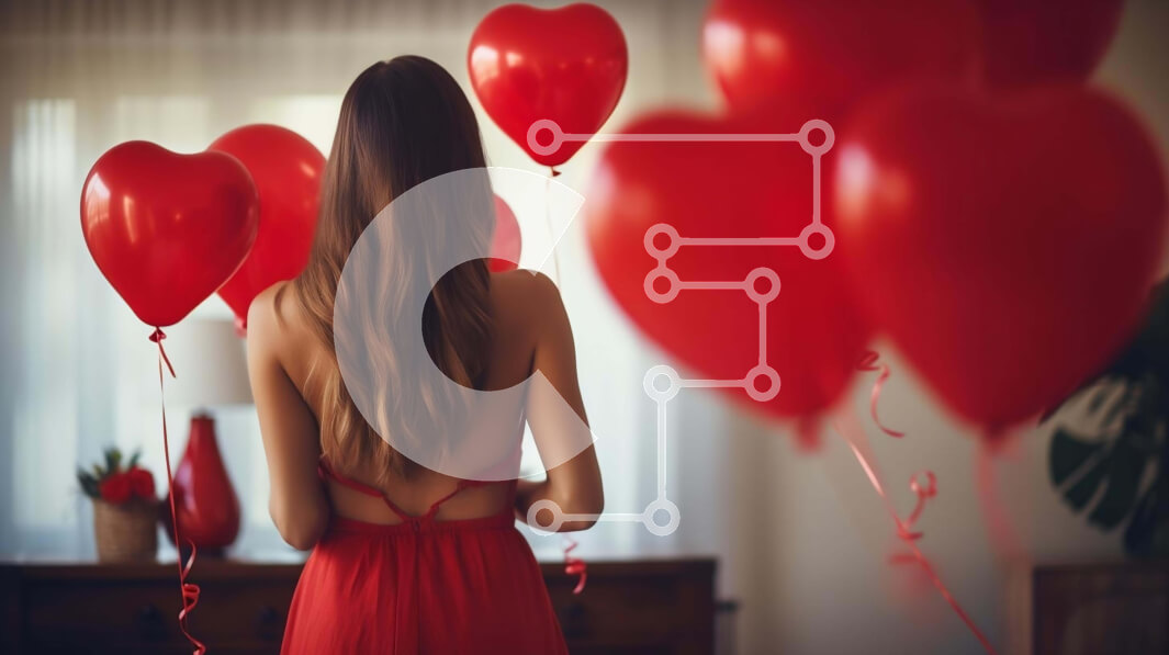 Intra Συλλεκτικό Ξύλινο Παζλ Plywood  4mm - Γυναίκα με κόκκινο φόρεμα που γιορτάζει την ημέρα του Αγίου Βαλεντίνου με μπαλόνια σε σχήμα καρδιάς Σε Ξύλινο Κουτί - Διαστάσεις: 10x10 cm – 25 κομμάτια