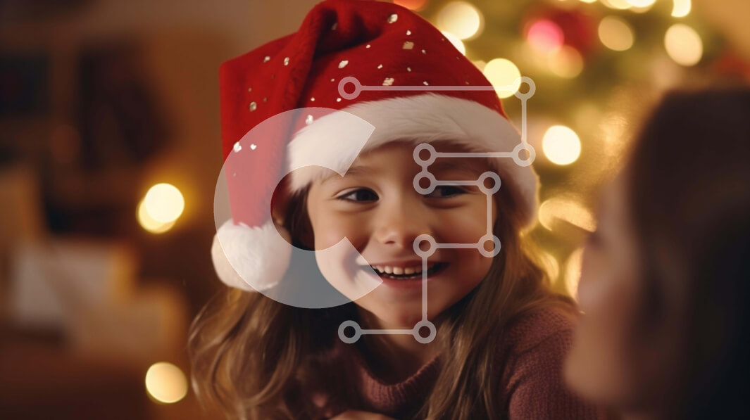 Intra Συλλεκτικό Ξύλινο Παζλ Plywood  4mm - Χαμογελαστό κορίτσι με το καπέλο του Άγιου Βασίλη μπροστά από ένα χριστουγεννιάτικο δέντρο Σε Ξύλινο Κουτί - Διαστάσεις: 10x10 cm – 25 κομμάτια