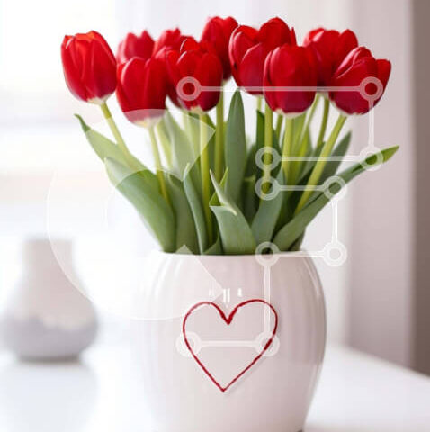 Intra Συλλεκτικό Ξύλινο Παζλ Plywood 4mm - Μπουκέτο με κόκκινη τουλίπα σε σχήμα καρδιάς σε λευκό βάζο Σε Ξύλινο Κουτί - Διαστάσεις Puzzle: 10x10 cm – 25 κομμάτια - Image 1