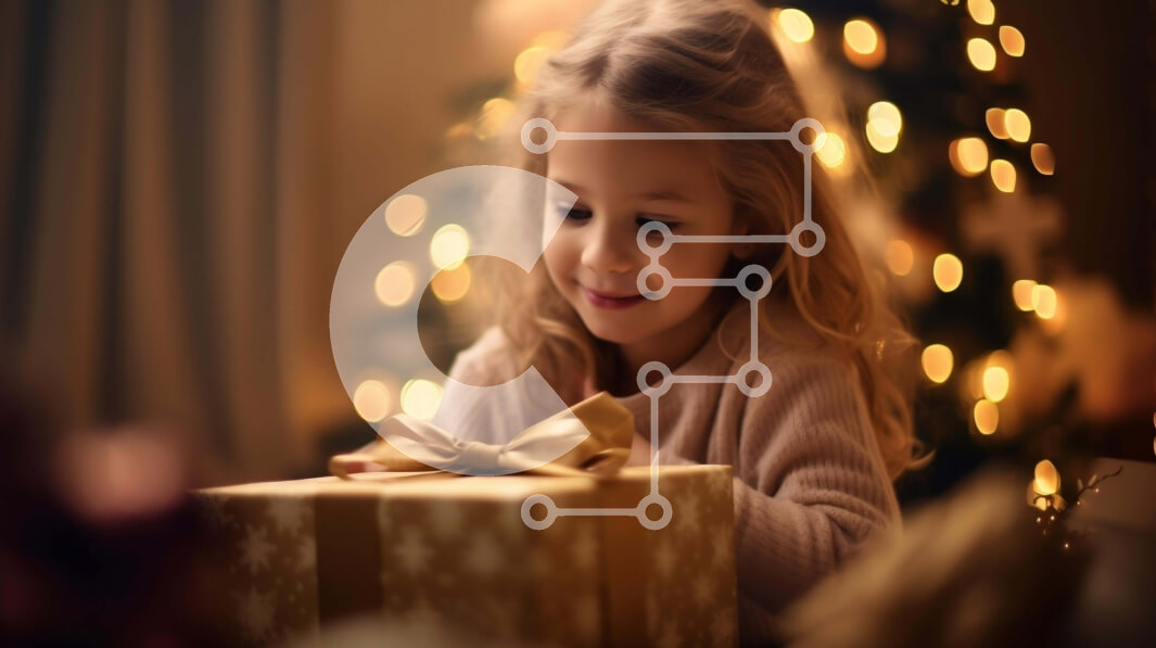 Intra Συλλεκτικό Ξύλινο Παζλ Plywood  4mm - Ενθουσιασμένο κορίτσι που ανοίγει το δώρο μπροστά από το χριστουγεννιάτικο δέντρο Σε Ξύλινο Κουτί - Διαστάσεις: 10x10 cm – 25 κομμάτια