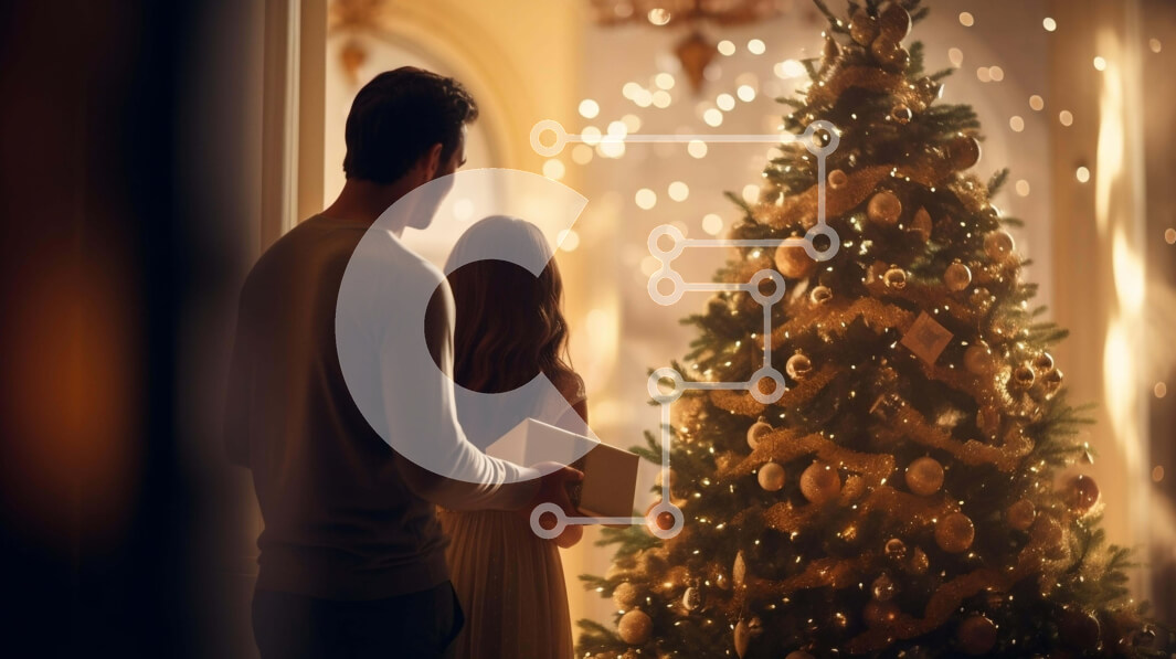 Intra Συλλεκτικό Ξύλινο Παζλ Plywood  4mm - Ζευγάρι που γιορτάζει τα Χριστούγεννα με ένα στολισμένο δέντρο Σε Ξύλινο Κουτί - Διαστάσεις: 10x10 cm – 25 κομμάτια