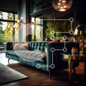 Intra Συλλεκτικό Ξύλινο Παζλ Plywood  4mm - Κομψό σαλόνι με μπλε βελούδινο καναπέ και θέα στην πόλη Σε Ξύλινο Κουτί - Διαστάσεις Puzzle: 10x10 cm – 25 κομμάτια