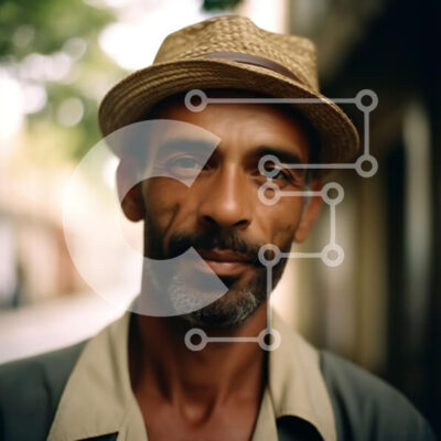 Intra Συλλεκτικό Ξύλινο Παζλ Plywood  4mm - Άντρας ντυμένος πρόχειρα με ψάθινο καπέλο στέκεται στην οδό City Σε Ξύλινο Κουτί - Διαστάσεις Puzzle: 10x10 cm – 25 κομμάτια - Image 1