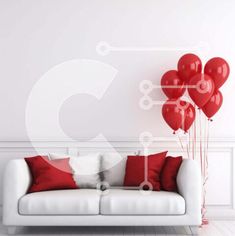 Intra Συλλεκτικό Ξύλινο Παζλ Plywood 4mm - Λευκός καναπές με κόκκινα μπαλόνια σε ένα διακοσμημένο δωμάτιο Σε Ξύλινο Κουτί - Διαστάσεις Puzzle: 10x10 cm – 25 κομμάτια - Image 1