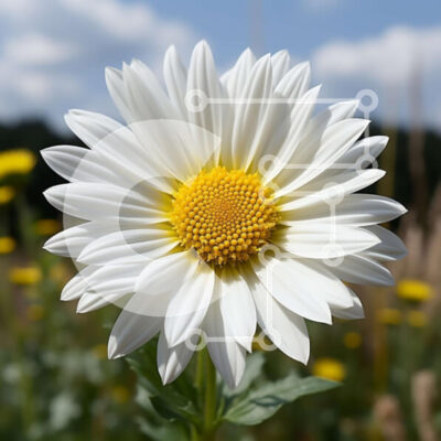 Intra Συλλεκτικό Ξύλινο Παζλ Plywood 4mm - Όμορφη εικόνα μιας λευκής μαργαρίτας με μπλε ουρανό και χνουδωτά σύννεφα Σε Ξύλινο Κουτί - Διαστάσεις: 10x10 cm – 25 κομμάτια - Image 1