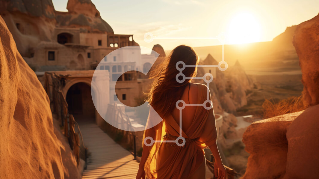 Intra Συλλεκτικό Ξύλινο Παζλ Plywood  4mm - Γυναίκα που περπατά προς το ηλιοβασίλεμα στην Καππαδοκία, Τουρκία Σε Ξύλινο Κουτί - Διαστάσεις Puzzle: 10x10 cm – 25 κομμάτια