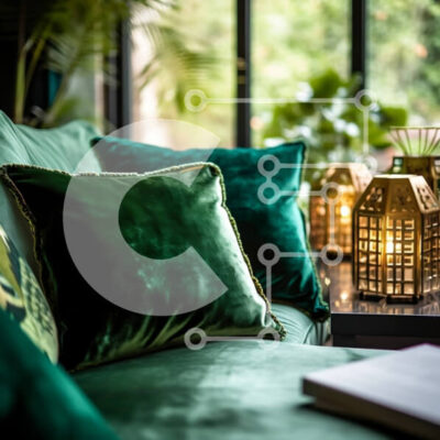 Intra Συλλεκτικό Ξύλινο Παζλ Plywood  4mm - Κομψή εσωτερική διακόσμηση με πράσινο βελούδινο καναπέ και θέα στην πόλη Σε Ξύλινο Κουτί - Διαστάσεις Puzzle: 10x10 cm – 25 κομμάτια - Image 1