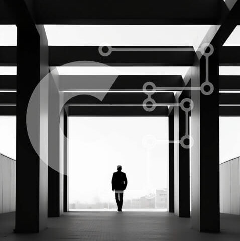 Intra Συλλεκτικό Ξύλινο Παζλ Plywood  4mm - Lost in Thought: Επιχειρηματίας σε έναν άδειο τσιμεντένιο διάδρομο Σε Ξύλινο Κουτί - Διαστάσεις Puzzle: 10x10 cm – 25 κομμάτια - Image 1