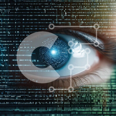 Intra Συλλεκτικό Ξύλινο Παζλ Plywood  4mm - Γυναικείο μάτι που περιβάλλεται από δυαδικό κώδικα και ψηφιακά δεδομένα Σε Ξύλινο Κουτί - Διαστάσεις Puzzle: 10x10 cm – 25 κομμάτια - Image 1