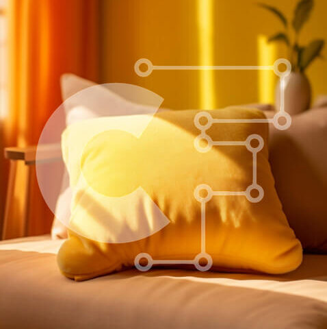 Intra Συλλεκτικό Ξύλινο Παζλ Plywood  4mm - Κίτρινο μαξιλάρι σε μπεζ καναπέ σε φωτεινό δωμάτιο με κίτρινες κουρτίνες Σε Ξύλινο Κουτί - Διαστάσεις Puzzle: 10x10 cm – 25 κομμάτια - Image 1