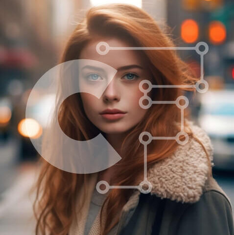 Intra Συλλεκτικό Ξύλινο Παζλ Plywood  4mm - Κομψή νεαρή γυναίκα με μακριά κόκκινα μαλλιά με μαύρο σακάκι και μπότες σε έναν δρόμο της πόλης Σε Ξύλινο Κουτί - Διαστάσεις Puzzle: 10x10 cm – 25 κομμάτια - Image 1