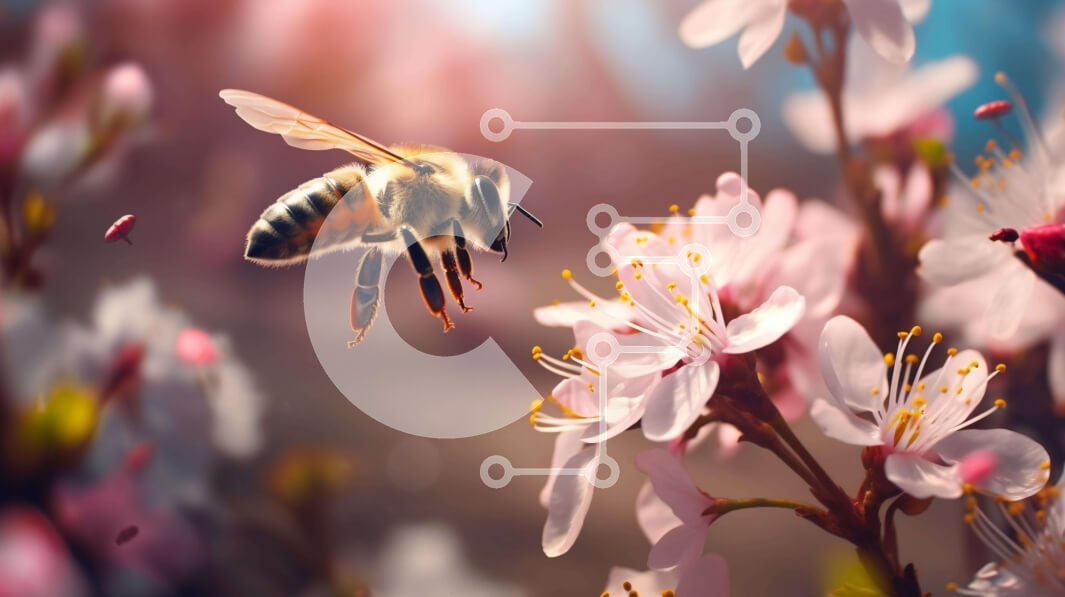 Intra Συλλεκτικό Ξύλινο Παζλ Plywood  4mm - Ροζ άνθη με επικονίαση μελισσών σε φυσικό περιβάλλον Σε Ξύλινο Κουτί - Διαστάσεις: 10x10 cm – 25 κομμάτια